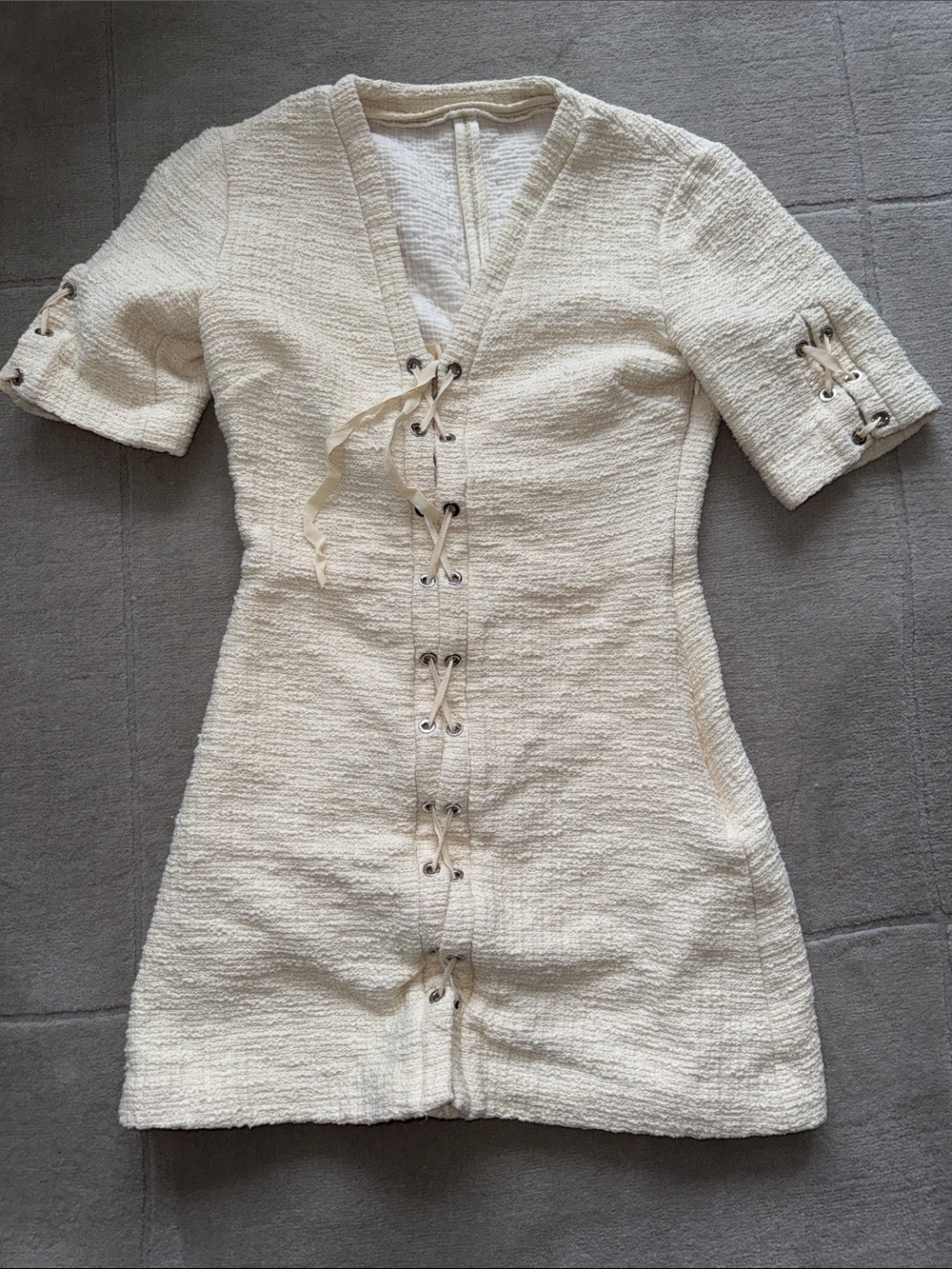 Cream Lace-Up Textured Mini Dress